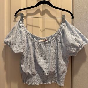 SO Light Blue Eyelet Off-Shoulder Blouse